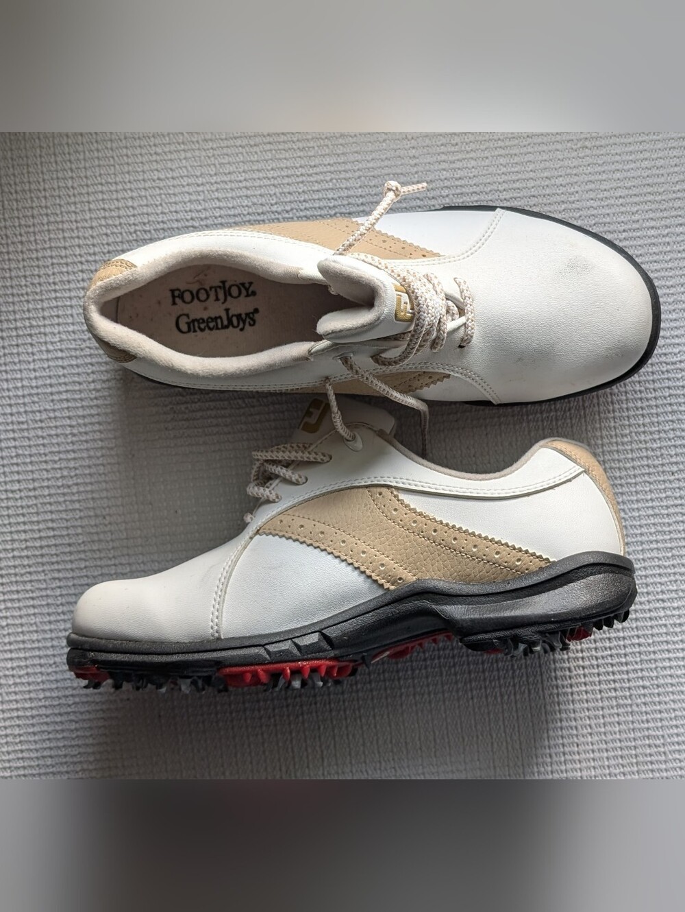 FootJoy GreenJoys Women's White & Tan Saddle Golf Shoes Size 6M Spikes